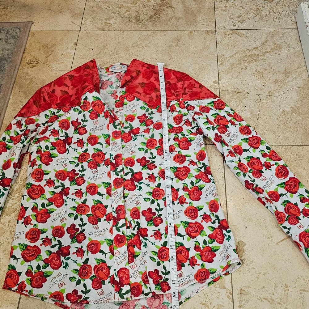 Kentucky Derby Rose Print Western Shirt Ella Johnsen Sheer Yoke Blouse Race Day - Picture 10 of 11